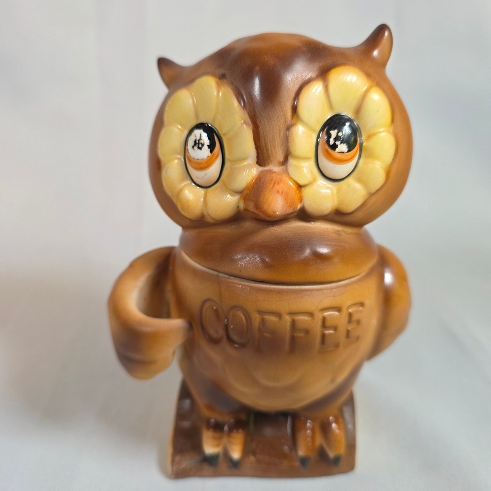 Vintage 70s Ceramic Brown Owl Coffee Canister Jar Retro Kitchen Decor Japan